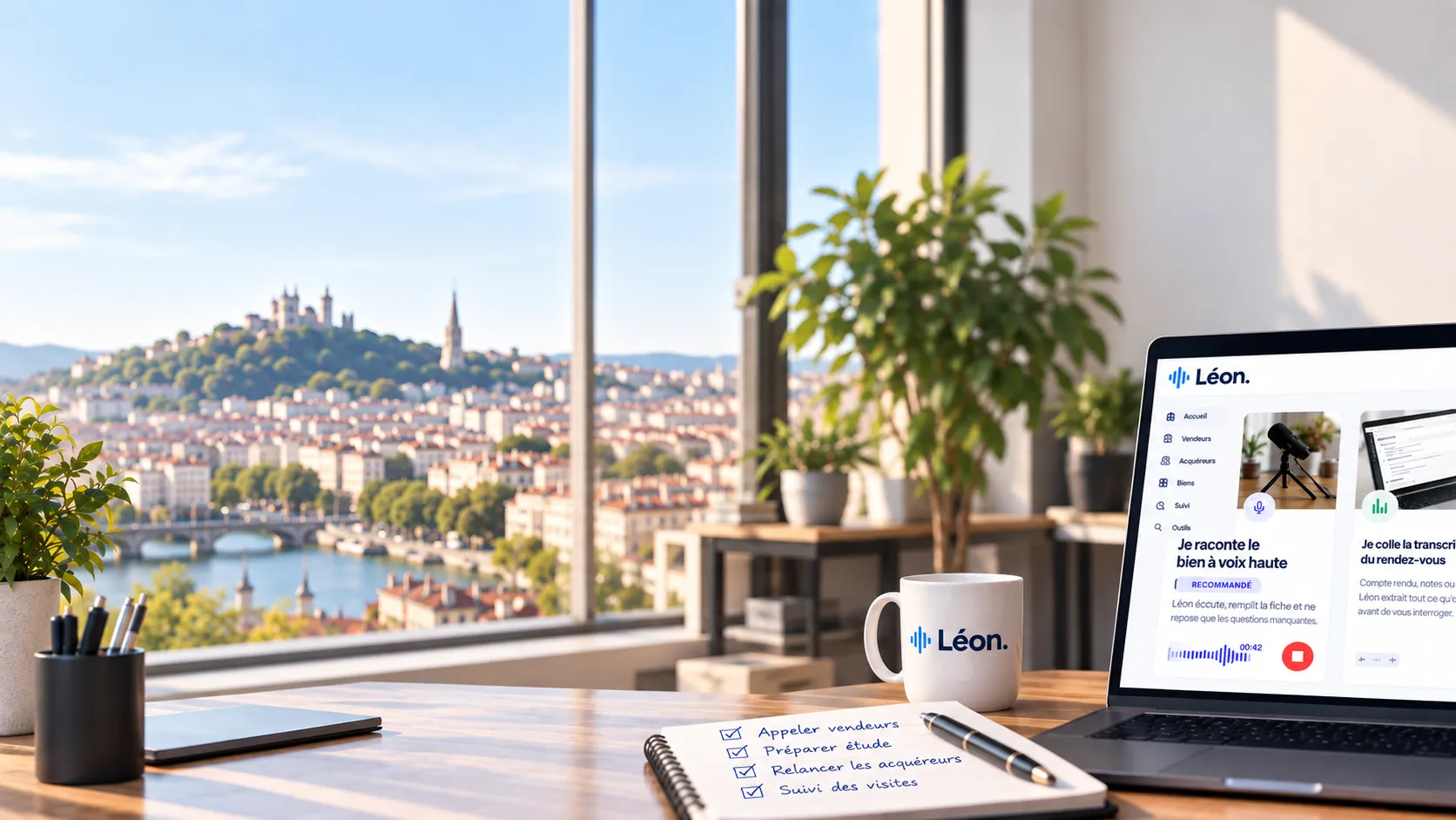 Bureau d'un conseiller immobilier avec vue sur Lyon : Léon ouvert sur l'ordinateur portable, carnet de suivi et mug