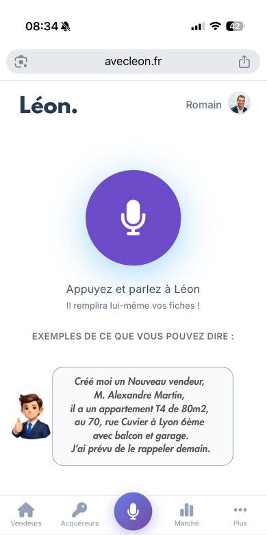 Mode micro Léon — dictée vocale CRM immobilier