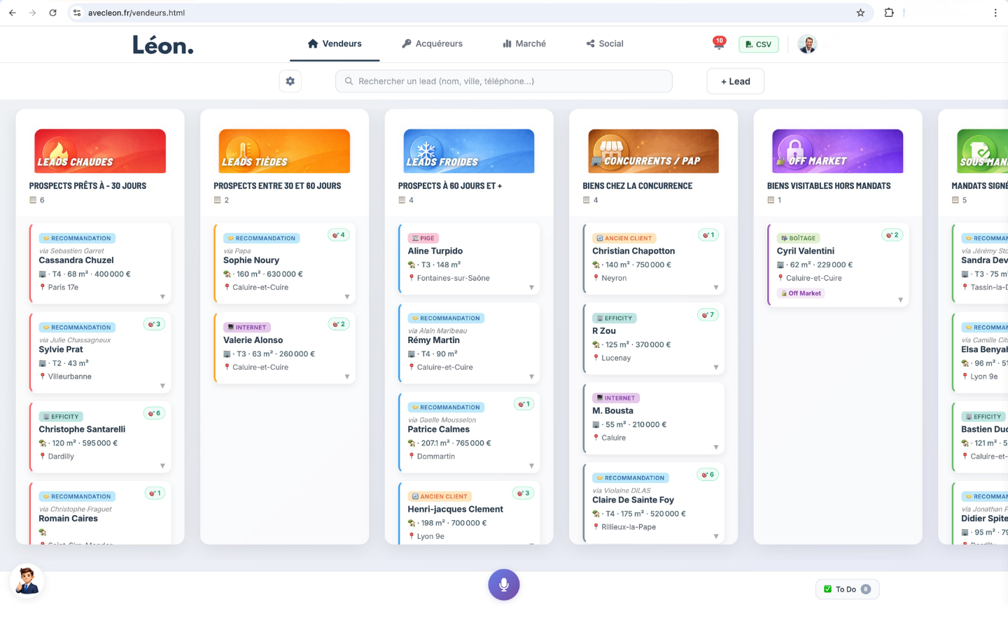 Pipeline vendeurs Léon — CRM immobilier